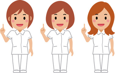 ナンバーワンポーズをする白制服の女性看護師