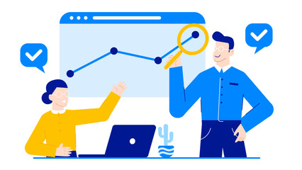 Two people analyzing a graph on a computer, perfect for business presentations, data analysis articles and financial reports visuals.