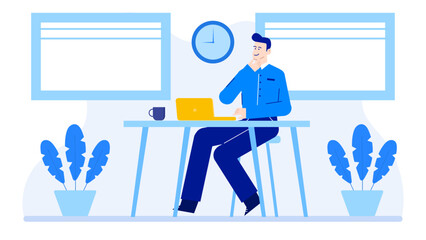 Man working on laptop at desk with coffee, ideal for business, remote work, home office, technology, freelance, and productivity concepts.