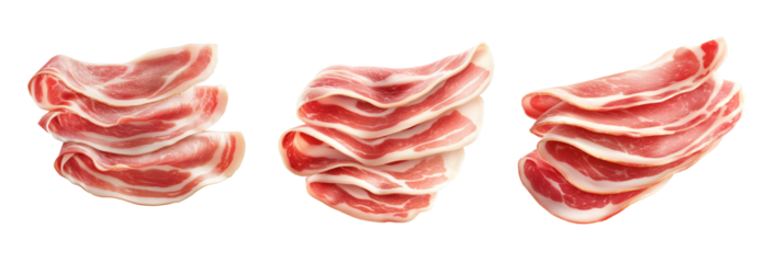 Set of Slices of raw bacon Pancetta with fat marbling, neatly stacked, isolated on white transparent background. Concept of cooking and food preparation