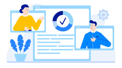 Two people in a video call with a plant, suitable for illustrating remote work, virtual meetings, nature inspired communication concepts.