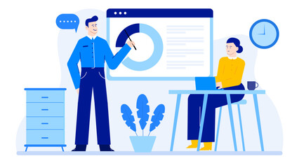 Two people discussing a pie chart in an office, great for presentations, business reports, marketing materials, teamwork illustrations.