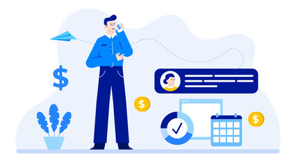 Man on a phone with a dollar sign, calendar, and pie chart. Perfect for financial concepts, business communications, and investment presentations.