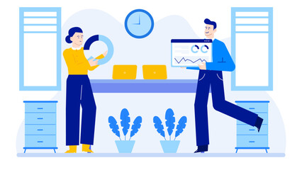 Two people discussing charts and graphs in an office. Suitable for business presentations, data analysis concepts, teamwork visuals, and corporate meetings.