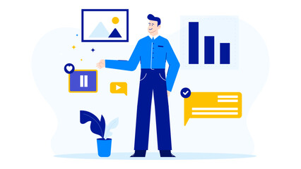 Man standing with a plant next to a chart and icons. Perfect for presentations, environmental concepts, sustainable business, and growth themes.