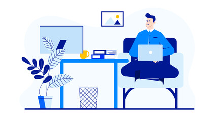 Man working on laptop at desk. Suitable for technology, office, freelance, work from home, telecommuting, and remote work concepts.