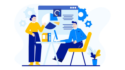 Team working on a project with a computer at the desk. Suitable for business, teamwork, collaboration, office, co working concepts.