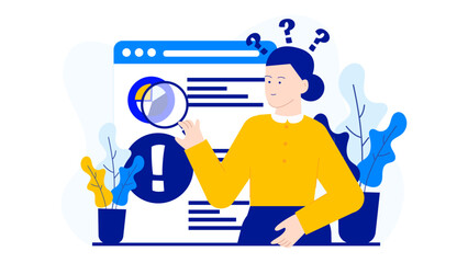 Ideal for financial presentations, marketing materials, or educational content. Woman pondering with question marks above head, analyzing chart.