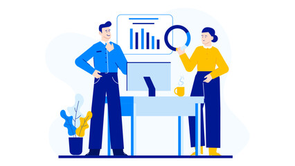 Two people discussing graphs and a pie chart, suitable for business meetings, data analysis presentations, financial reports, teamwork concepts.