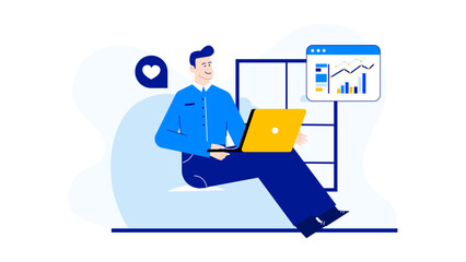 Man on blue couch uses laptop with graphs, suitable for financial, technology, work-related concepts in presentations, articles, and social media.