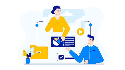 Two people analyzing a chart, suitable for business presentations, financial reports, teamwork concepts, stock market discussions, and strategic planning.