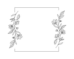 Floral and square hand drawn style. Floral black and white frame of twigs, leaves and flowers. Frames for the Valentine's day, wedding decor, logo and identity template.