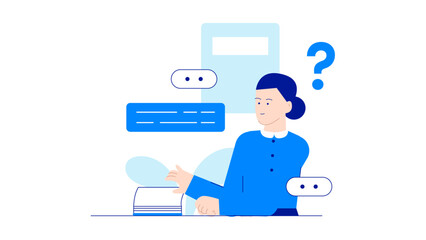 Blue woman with a question mark above her head, perfect for educational materials, blog posts, or advertising campaigns seeking creativity.