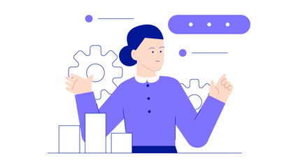 Woman pointing at a gear, symbolizing technology or industry. Perfect for presentations, websites, or articles on innovation and engineering concepts.