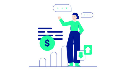 Woman pointing at a dollar sign chart, ideal for financial presentations or business concepts related to money, investments, and finance.