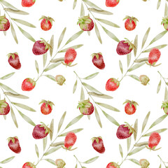 Cute ripe wild strawberries ant green branch with leaves seamless pattern. Watercolor illustration in kids style for textile, decoration dishes, labels for juice, jam, children parties, birthday. 