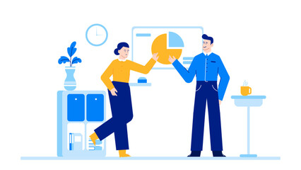 Business professionals analyze data on a pie chart together in an office setting
