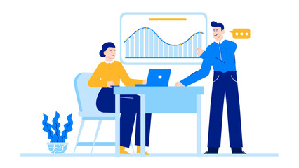 Two people discussing data on a whiteboard. Suitable for business presentations, educational materials, teamwork concepts, and corporate communication visuals.