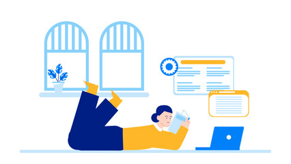 Title Woman reading a book near a laptop. Suitable for educational or remote work concept designs. Learning, studying, technology, home office.