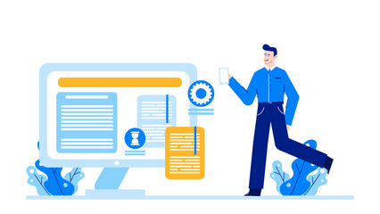 Man stands by computer screen and phone. Suitable for technology, communication, remote work, and online learning concepts in design projects.