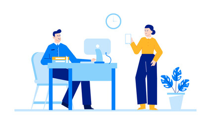 Man sitting at a desk with a woman standing and interacting. Perfect for office settings, business presentations, teamwork concepts, workplace communication.