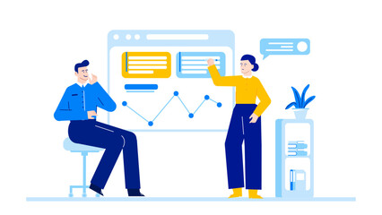 Two people analyzing a graph on a screen, ideal for illustrating data analysis, teamwork, business meetings, technology, and collaboration.