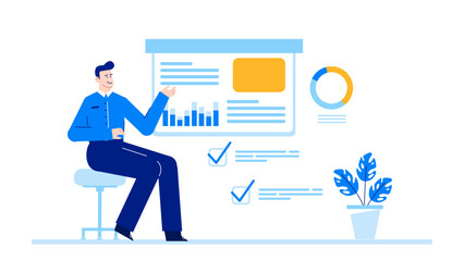Man on stool presenting pie chart and plant; suitable for business presentations, financial reports, data analysis concepts, growth strategies visuals.