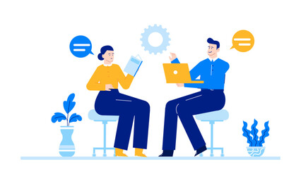 Man and woman chatting on chairs. Suitable for communication concepts. Conversation, dialogue, social connection, relationship building, and diverse conversations imagery.