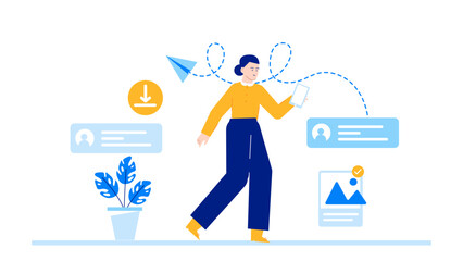 Woman multitasking walking with a phone and a plant, suitable for lifestyle, technology, communication, and ecofriendly concepts. Ideal for social media posts and blog illustrations.