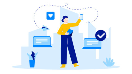 Title Woman with a phone and a laptop. Suitable for business presentations, technology blogs, remote work articles, social media posts.