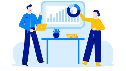 Man and woman presenting data graphs in a business meeting setting
