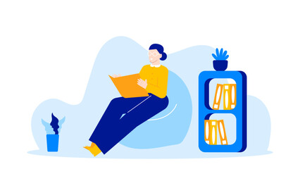 Woman relaxing in chair with a book in hand, perfect for library websites, educational blogs, reading club promotions, and bookstores.