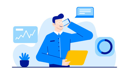 Man using phone, surrounded by plant and financial charts. Suitable for business concepts, financial management, technology, and communication themes.