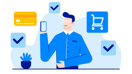 Man shopping online with smartphone, cart, and credit card, perfect for ecommerce, online shopping, technology, consumerism, and mobile payments concepts.