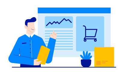 Man presenting sales data in a corporate meeting, suitable for business presentations, reports, marketing materials, and financial articles.