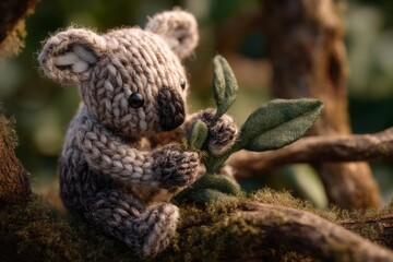 Fototapeta premium Adorable Hand-Crafted Koala Toy Sitting on a Branch with Leaves, Showcasing Unique Textures and Stunning Natural Background