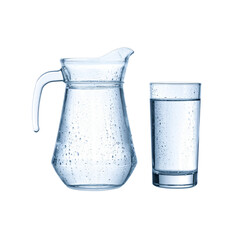 A transparent glass and pitcher of white milk with a clear glass of fresh water are isolated drinks