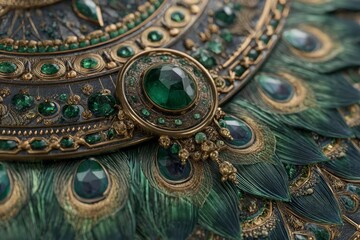 Intricate Close-Up of Ornate Jewelry Featuring Gemstone Details and Elegant Feathers in Vibrant Greens and Gold