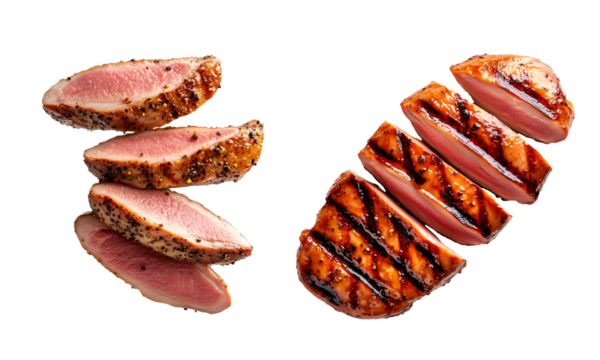 Set of Sliced grilled duck breast seasoned with spices isolated on white transparent background, concept of healthy food and barbecue