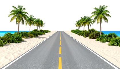 Road to paradise with palm trees and beach.