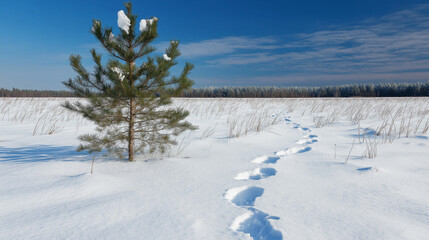 Quiet Winter Scene Featuring a Lone Pine Tree