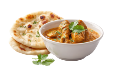 PNG Delicious indian butter chicken curry with naan bread and cilantro garnish