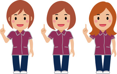 ナンバーワンポーズをする、えんじ色の制服の女性看護師