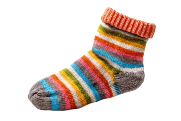 PNG Colorful striped wool sock with orange cuff on black background