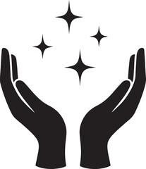 Silhouette of hands open under sparkles, symbolizing wonder, magic, hope, blessing, positivity, and spiritual energy in a minimalist style.
