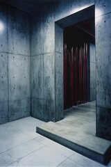 Obraz premium An industrial concrete hallway leads to a passage lined with vertical red beams