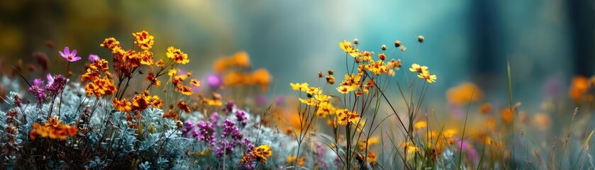 Obraz premium Blooming flowers in meadow under mystical vibrant tropical sky concept. A vibrant display of wildflowers in a serene, lush environment.