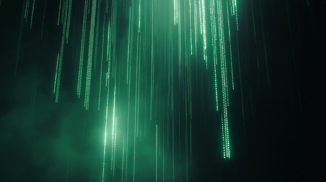 Background, an image of a glowing green binary code falling in vertical streams on a dark background