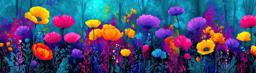 Fototapeta premium Blooming flowers in meadow inside vibrant tropical paradise concept. Vibrant floral landscape with colorful flowers in a lush setting.