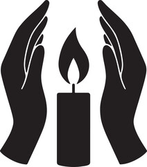 Silhouette of hands over a candle flame, symbolizing warmth, protection, hope, spirituality, meditation, and light in darkness.